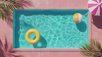 Refreshing turquoise swimming pool with pink tiled edge vibrant beach ball yellow inflatable ring and striped umbrella casting palm leaf shadows on a sunny summer day overhead view