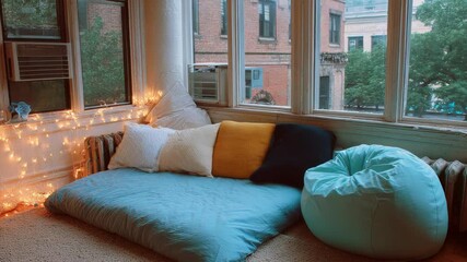 Cozy Urban Apartment Reading Nook With City View And String Lights Cozy Bedding Pillows And Beanbag Chair With Soft Ambient Lighting