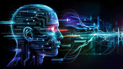 Abstract digital background with human head, brain, and blue electric lightning for medical technology and science concept illustration