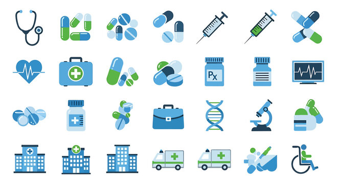 A diverse collection of flat design medical and healthcare icons for medicine, pharmacy, and emergency services concepts