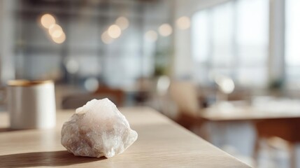 Single rock on a wooden table in a modern kitchen or dining area. the rock appears to be a quartz crystal, with a smooth, polished surface and a pointed tip.