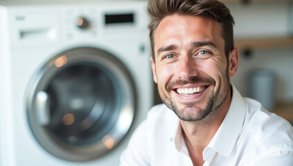 a man in a white shirt near the washing machine
