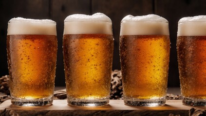 Golden beer flight with friends celebrating craft beers and joyous moments