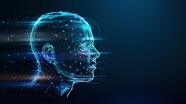 Abstract blue science illustration of a human head with glowing brain and flowing blue energy wave for technology and power design background