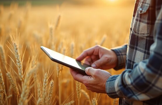 Farmer with digital tablet works in golden wheat field at sunset. Agronomist checks grain crop, controls harvest using smart technology. Man analyzes data on modern farm. Agricultural business - Powered by Adobe