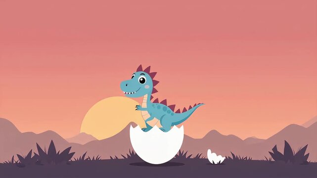 Cute blue cartoon baby dinosaur character hatching from a white egg with a friendly smile, set against a pink and orange sunset landscape, great for educational content and kids' animations.