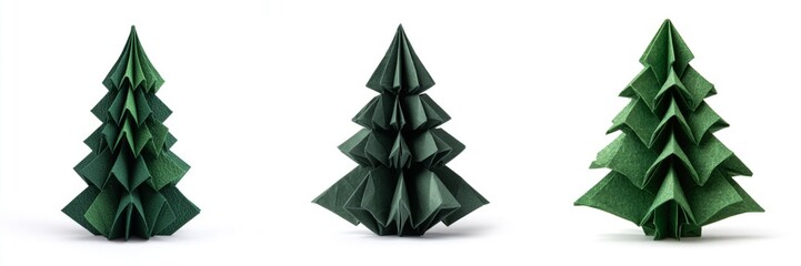 Christmas celebration holiday symbol - Set collection of green christmas tree made of paper origami, folded, isolated on white or transparent backgroind png