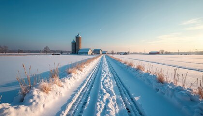 Winter scene shows farmland covered with white snow, blue sky. Road leads toward farm buildings with silos. Cold weather conditions affect farming, transportation. Landscape photo presents snowy