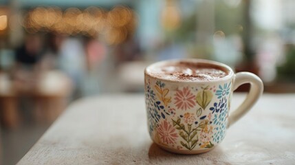 Fototapeta premium Close-up of a cup of hot chocolate on a wooden table. the cup is white with a colorful floral pattern in shades of blue, pink, and green. the coffee is frothy and has a light brown color.