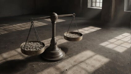 A vintage balance scale sits centered in a dimly lit room, pans filled