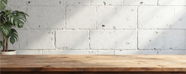 Wooden table surface in front of white brick wall with green plant. Mockup for product display or food presentation. Blank space for text and design elements.