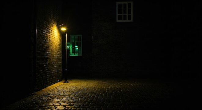 Street lamp illuminates dark alleyway in old town at night, creating a mysterious and slightly eerie atmosphere. - Powered by Adobe