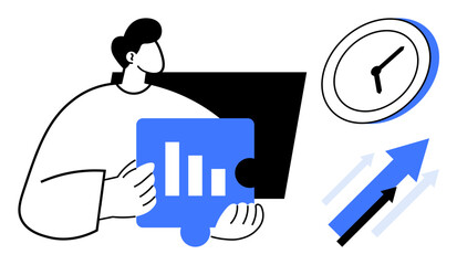 Person holds a puzzle piece with bar chart aligning data. Clock marks time management, arrows symbolize growth trends. Ideal for strategy, success, teamwork, analytics, goal setting, decision-making