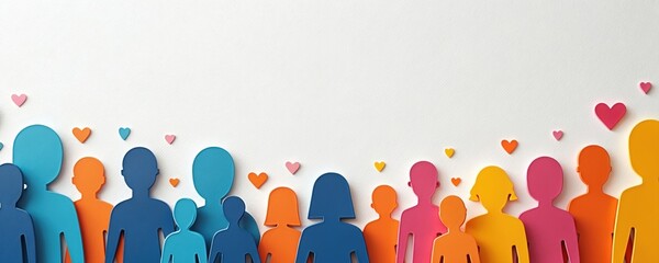 Diverse group of paper cut figures line white background with scattered heart icons. Illustration presents population growth, demographic trends in colourful graphic style suitable for data