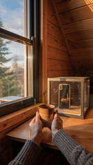 Digital detox concept with person enjoying tea in cozy cabin while smartphone is put away, slow living and mindfulness lifestyle