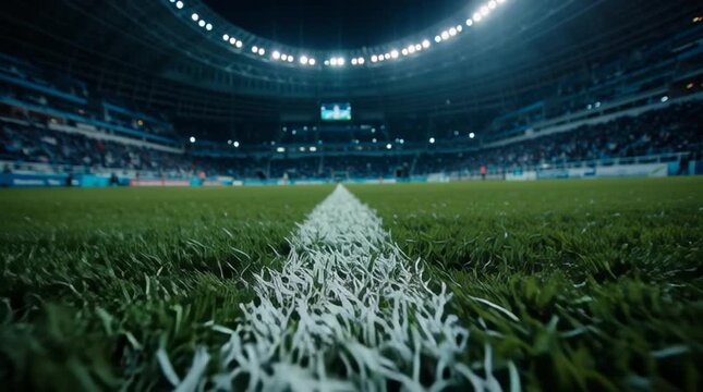 Low angle view of soccer field line under bright stadium floodlight