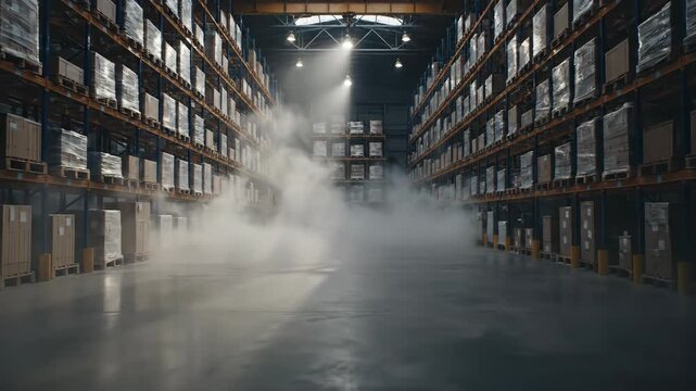 Large industrial warehouse filled with smoke, showcasing blinking lights. Storage facility interior with racking system.