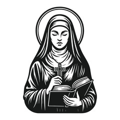 Fototapeta premium Vintage monochrome illustration of a female saint or nun with a halo, holding a cross and reading a holy book, symbolizing faith, religion, prayer, and Catholic devotion in a vector graphic.