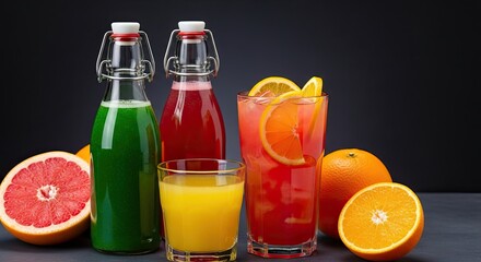 Assortment of Freshly Squeezed Fruit Juices in Glass Bottles and Tumblers