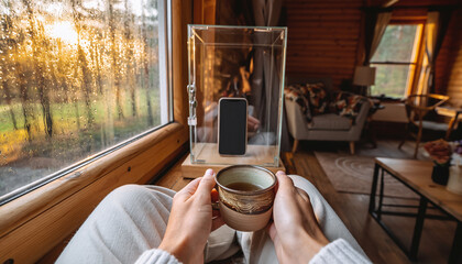Digital detox concept with person enjoying tea in cozy cabin while smartphone is put away, slow living and mindfulness lifestyle