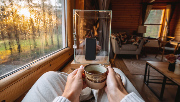 Digital detox concept with person enjoying tea in cozy cabin while smartphone is put away, slow living and mindfulness lifestyle