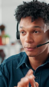 Agent, man and talking with headset in call center for product knowledge, lead generation or offer. Sales, telemarketing consultant and speaking to outbound customer for service promotion or upsell