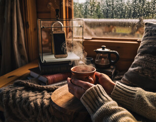 Digital detox concept with person enjoying tea in cozy cabin while smartphone is put away, slow living and mindfulness lifestyle