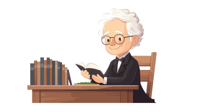 Cartoon Character Gregor Mendel in Lab Coat Reading Book at Desk in Educational Environment