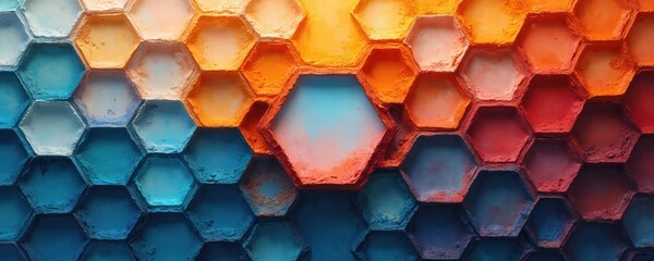 Abstract artwork features geometric honeycomb pattern design with hexagonal cells. Colorful 3D illustration shows texture with vibrant gradients. Modern background for tech web design, artistic