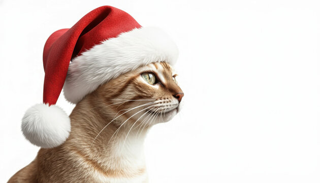 Profile view of a ginger tabby cat wearing a Santa hat. Christmas portrait isolated on white background with copy space.