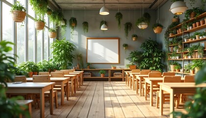 Modern classroom features biophilic design with abundant plants, natural light. Sustainable furnishings, eco friendly decor create serene learning atmosphere. Rows of wooden tables, chairs neatly