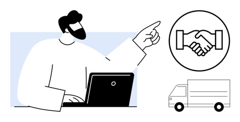 Business collaboration. Business handshake, delivery logistics, and a professional computer user highlight business collaboration. Ideal for teamwork, logistics, and partnership visuals. Topics
