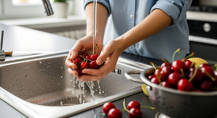 Washing fresh red cherries in a kitchen sink, emphasizing cleanliness and the beauty of natural ingredients.