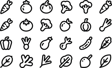 Collection of hand drawn vegetable icons in black and white including carrots tomatoes broccoli peppers and leafy greens perfect for food and nutrition concepts