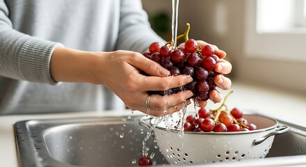 A close-up shot captures the simple act of washing fresh, vibrant grapes under a flowing faucet, illuminating the beauty of natural food preparation.