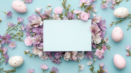 A blank card surrounded by vibrant pink and purple flowers and decorated Easter eggs on a soft light blue background.