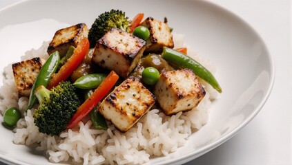 Vegetarian bowl with tofu and assorted veggies over rice