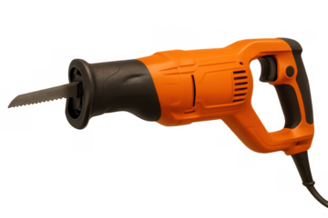 Orange and black reciprocating saw showing the blade, handle, and electric cord on a transparent background for easy use