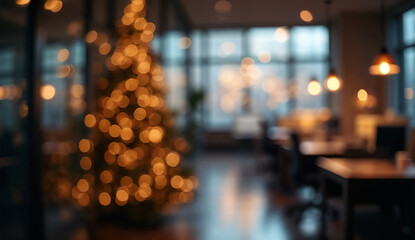 Abstract blurred bokeh background of Festive Christmas tree in office