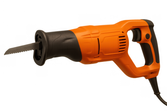 Orange and black reciprocating saw showing the blade, handle, and electric cord on a transparent background for easy use