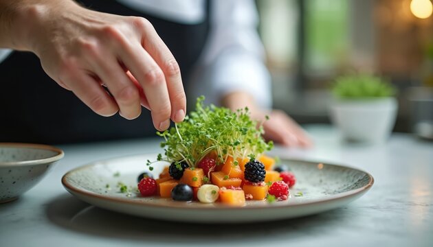 Chef garnishes fruit salad with microgreens. Restaurant worker prepares healthy vegan dessert. Culinary expert decorates vegetarian dish. Fresh berries, melon, sprouts served on plate. Food styling,