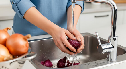 A person washes a red onion under running water, embodying preparation and culinary focus in a clean, contemporary kitchen setting.