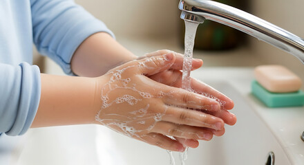 A person meticulously washes their hands with soap, the clear water flowing over their fingers in a close-up shot, emphasizing hygiene and cleanliness. 