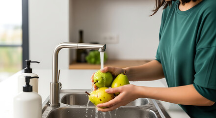 A woman's hands gently wash ripe pears under a stream of fresh water in a modern kitchen sink. The scene evokes a sense of freshness, health, and domesticity.