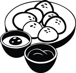 Black and white line art icons of a bento lunch box and a fried egg.