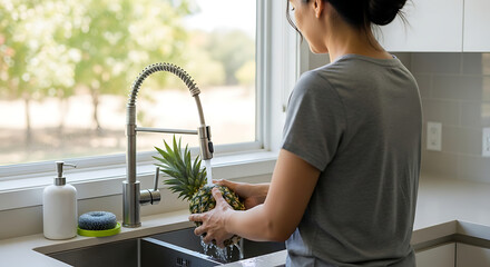 A person meticulously washes a pineapple in a sun-drenched kitchen, highlighting the everyday routines, where the freshness of the fruit is on display.