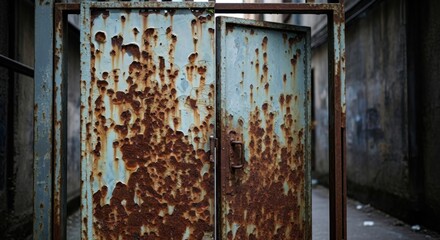 Intriguing rusted metal doors, creating a sense of mystery and untold stories, perfect for urban exploration themes and gritty artistic projects