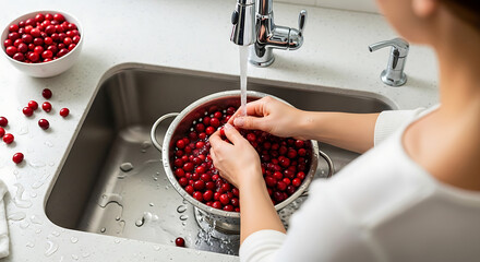 A person washes fresh cranberries under running water in a stainless steel sink, capturing a moment of food preparation in a clean kitchen setting. 