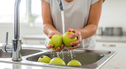 A person carefully washes ripe apples under a flowing tap in the sink, promoting healthy lifestyle. Focus on the refreshing water, green apples, and hygienic cleaning process.