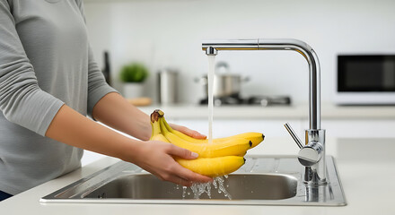 A person washing fresh bananas in kitchen sink. Fresh, vibrant yellow bananas. Demonstrating the importance of food safety and healthy living.